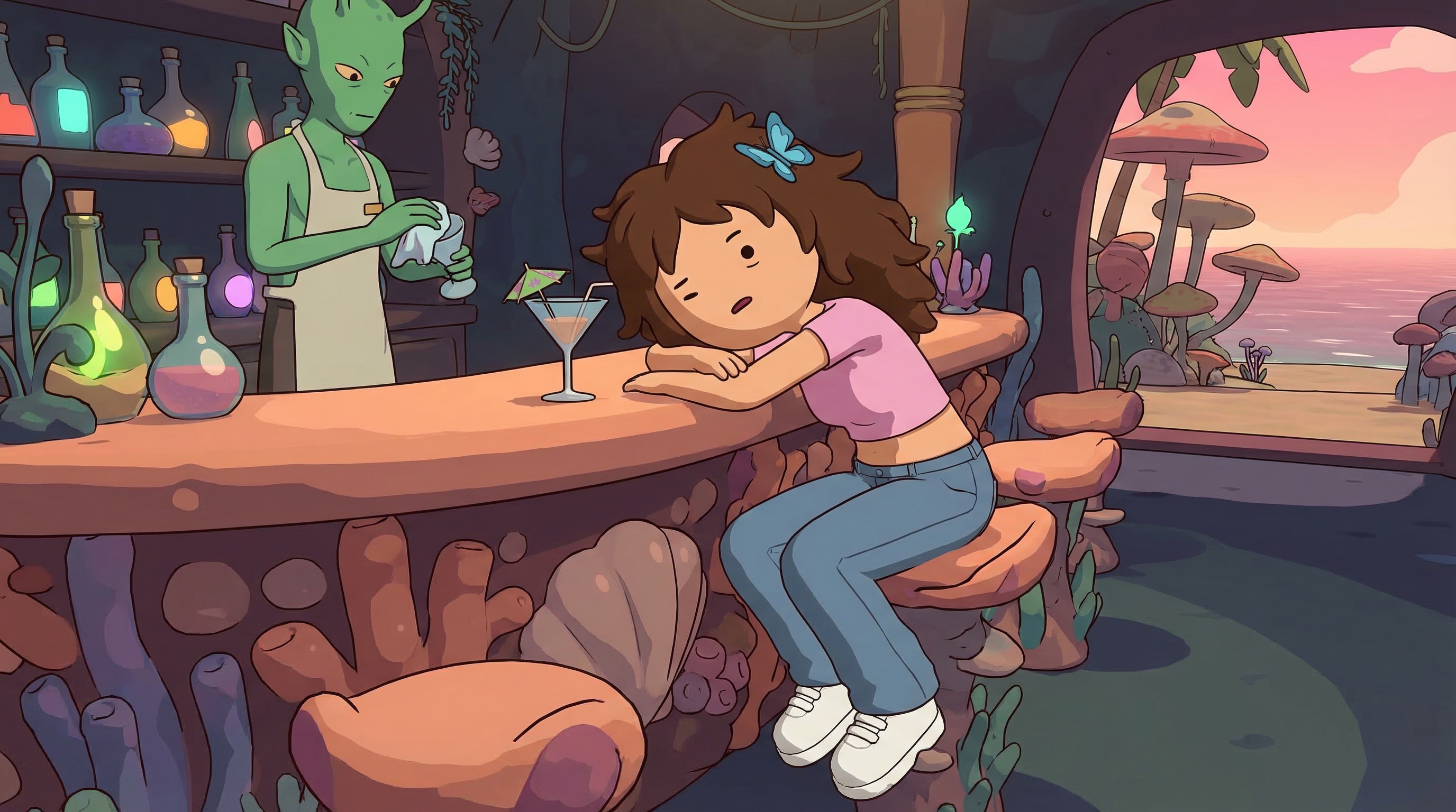 Billie face-down at the resort bar